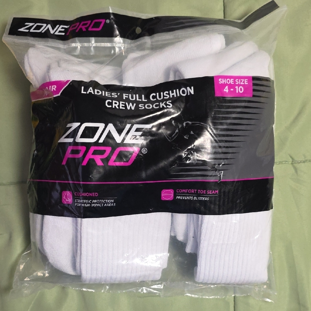 Zone Pro White Ladies' Full Cushion Crew Socks, 10 Pair